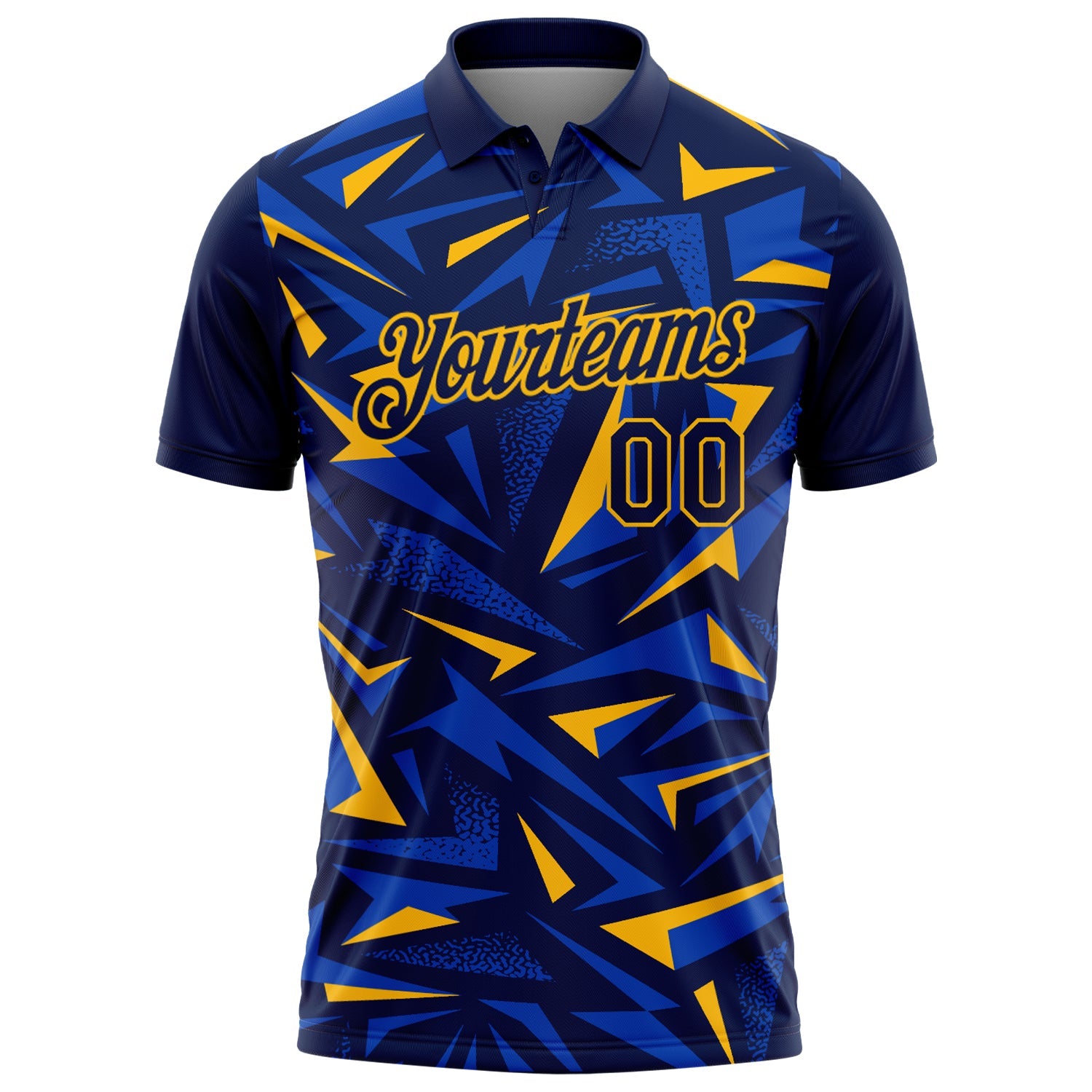 Custom Navy Thunder Blue-Gold Cyber Mecha E-sport Geometric Shards Spike Performance Polo Shirt view 2