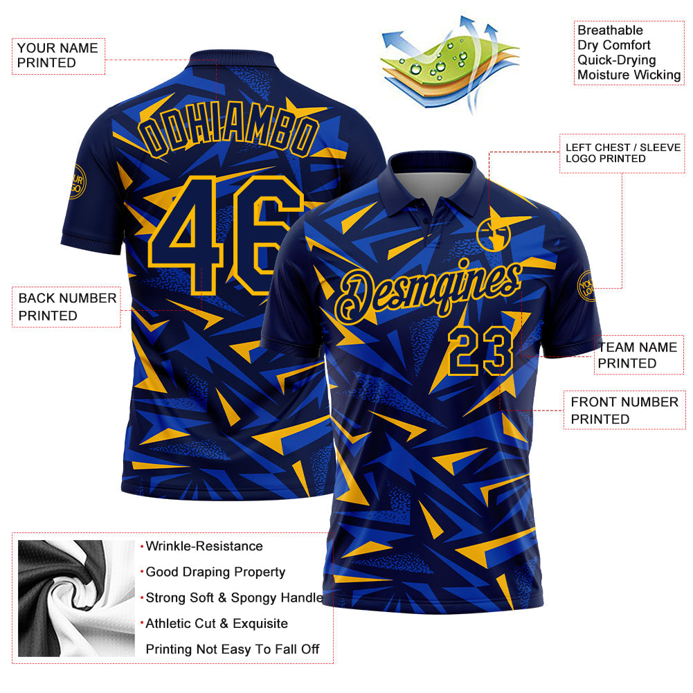 Custom Navy Thunder Blue-Gold Cyber Mecha E-sport Geometric Shards Spike Performance Polo Shirt view 3