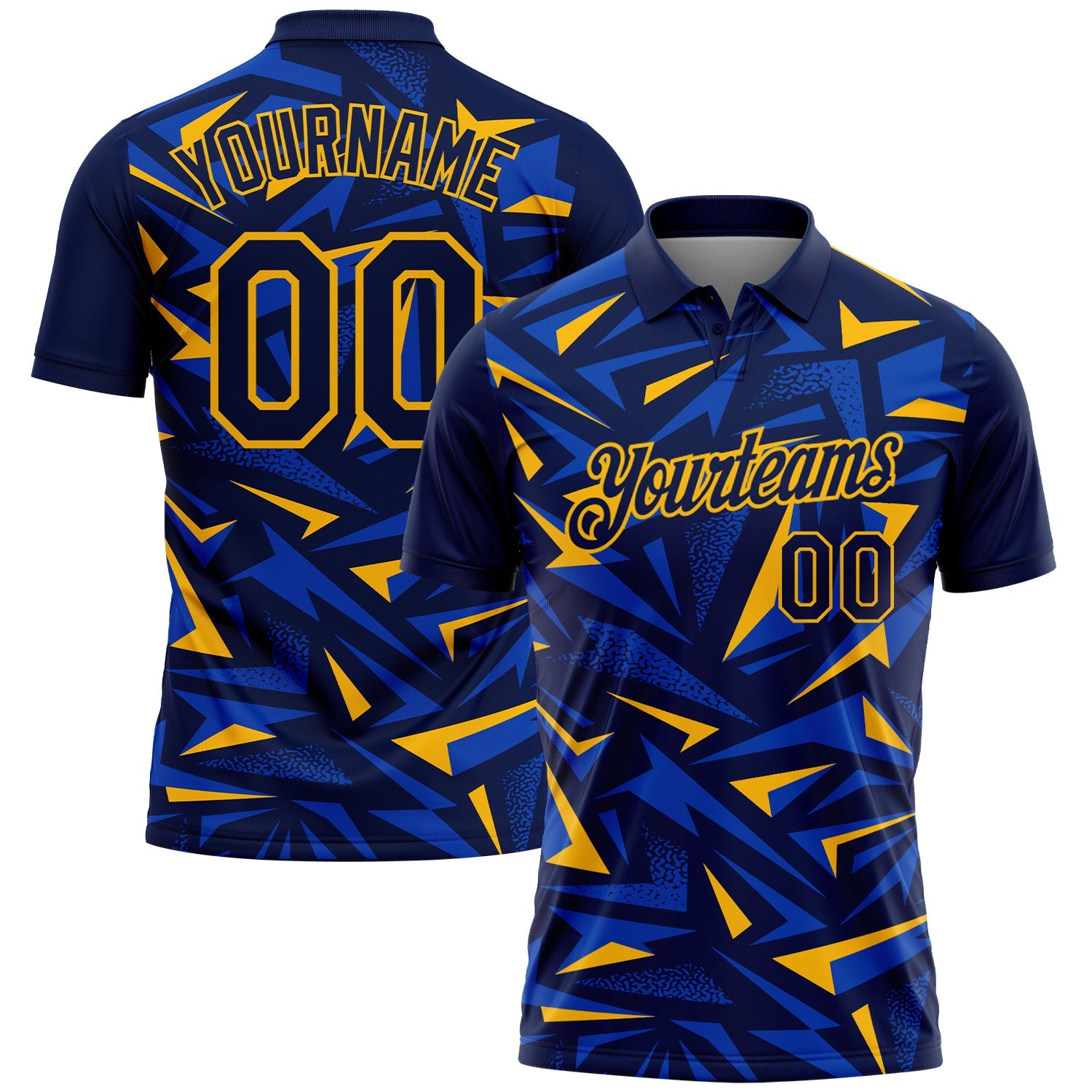 Custom Navy Thunder Blue-Gold Cyber Mecha E-sport Geometric Shards Spike Performance Polo Shirt - Main View