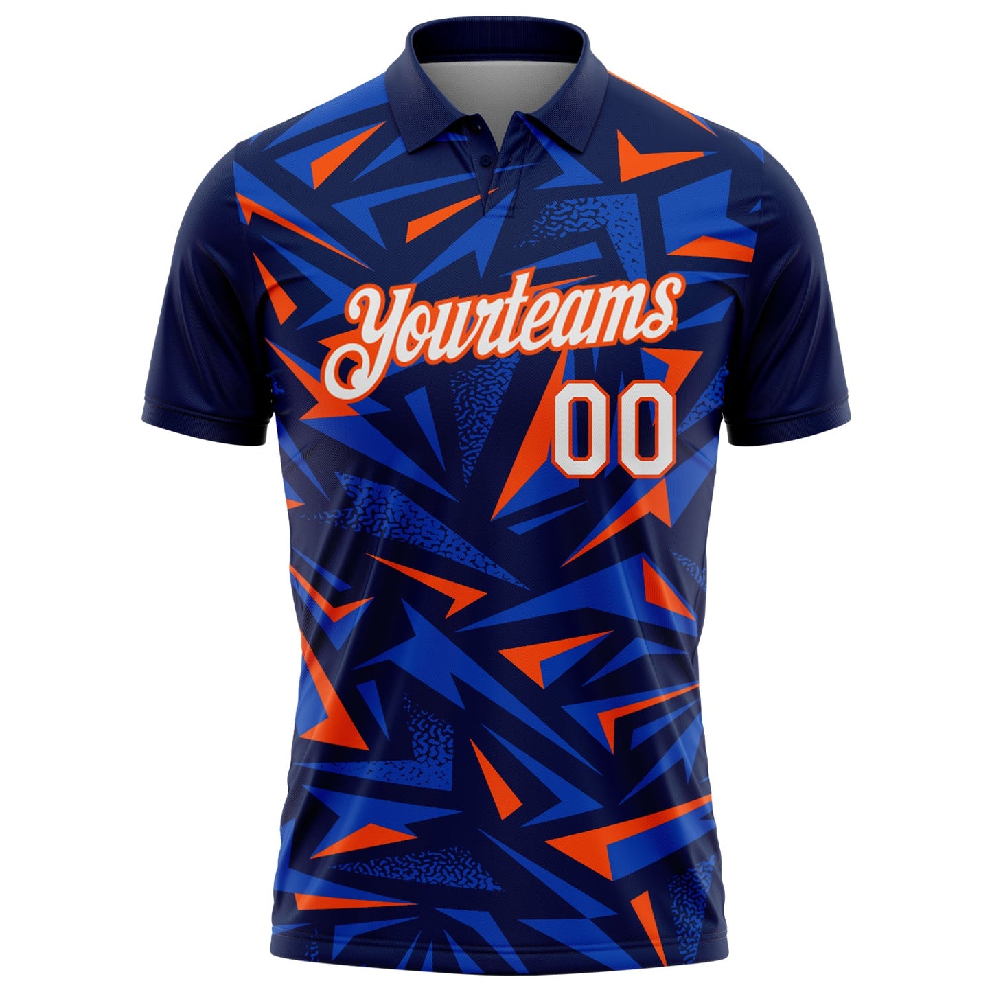 Custom Navy White Thunder Blue-Orange Cyber Mecha E-sport Geometric Shards Spike Performance Polo Shirt view 2