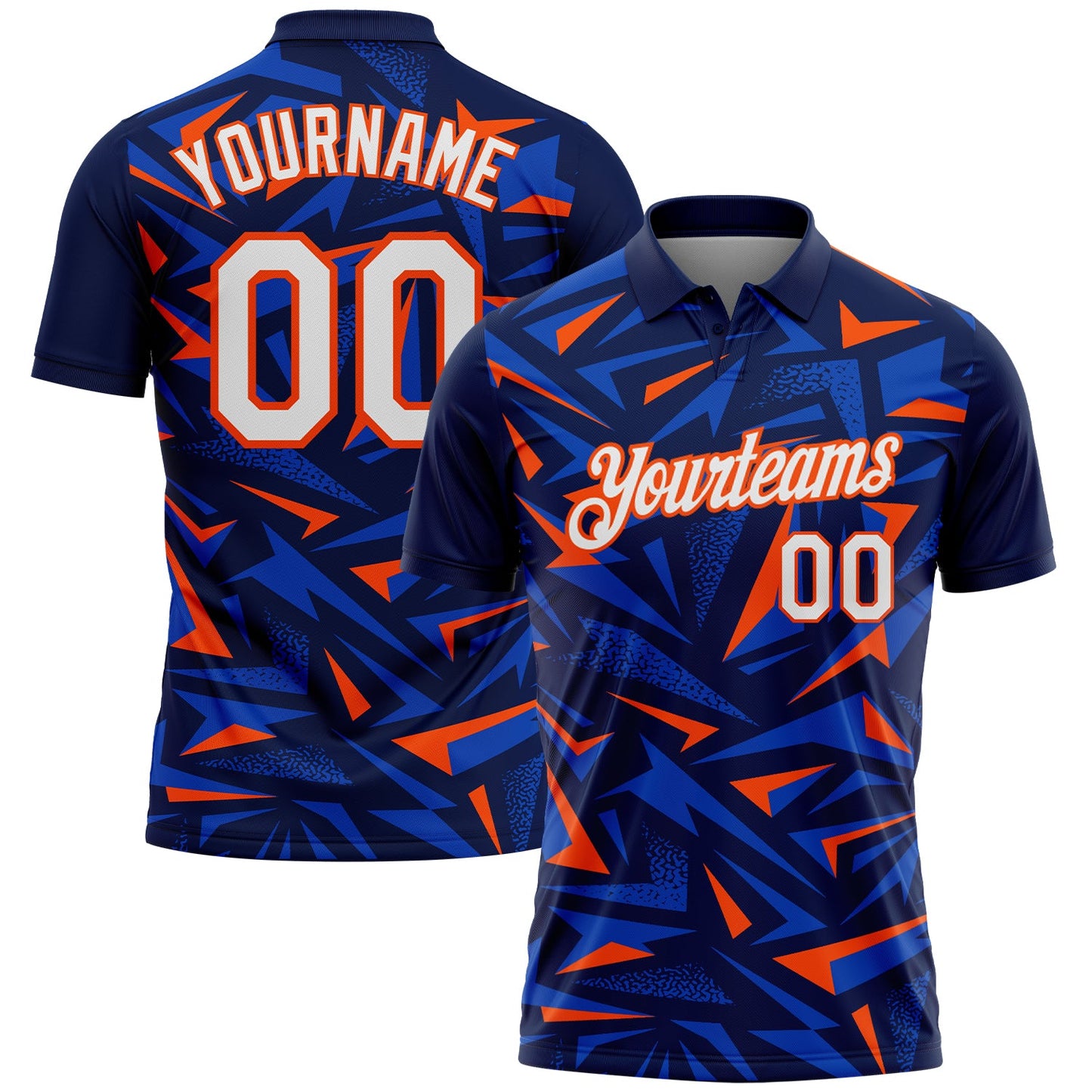Custom Navy White Thunder Blue-Orange Cyber Mecha E-sport Geometric Shards Spike Performance Polo Shirt - Main View