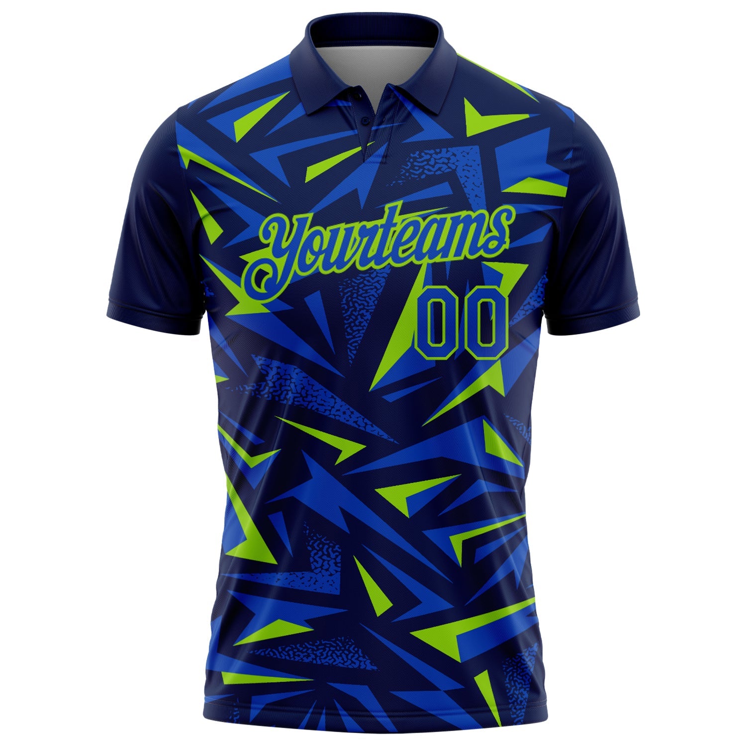 Custom Navy Thunder Blue-Neon Green Cyber Mecha E-sport Geometric Shards Spike Performance Polo Shirt view 2