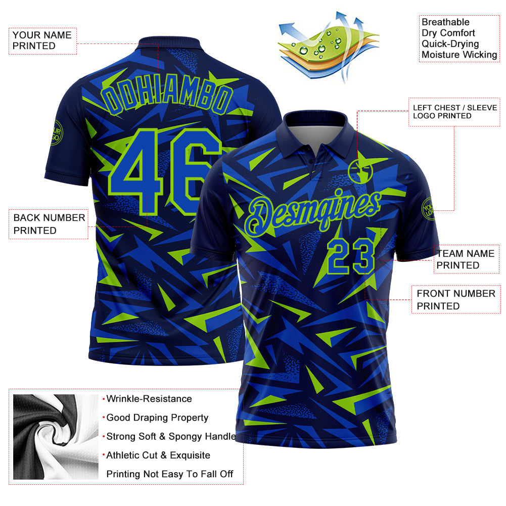 Custom Navy Thunder Blue-Neon Green Cyber Mecha E-sport Geometric Shards Spike Performance Polo Shirt view 3