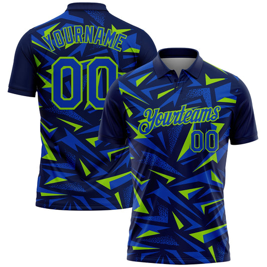 Custom Navy Thunder Blue-Neon Green Cyber Mecha E-sport Geometric Shards Spike Performance Polo Shirt - Main View