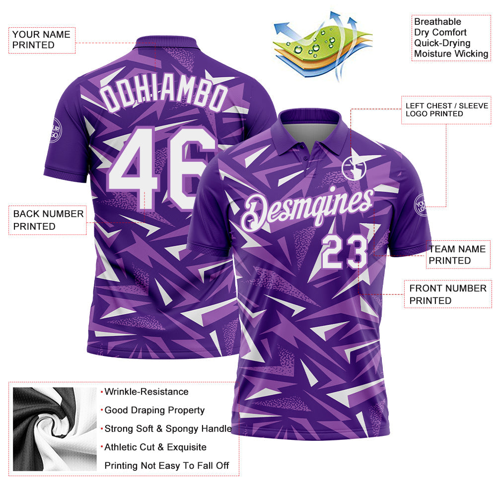 Custom Purple White-Medium Purple Cyber Mecha E-sport Geometric Shards Spike Performance Polo Shirt view 3