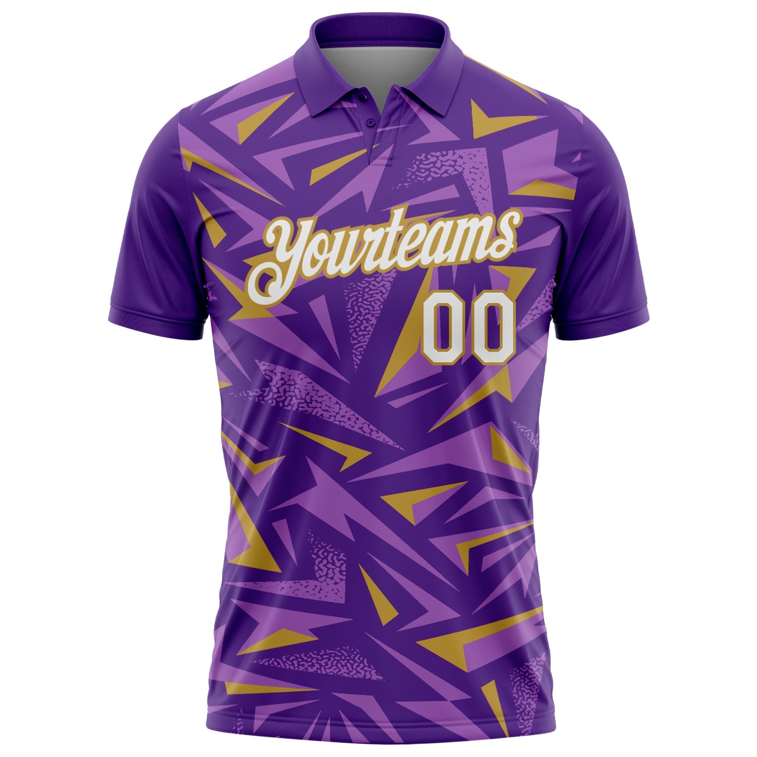 Custom Purple White Medium Purple-Old Gold Cyber Mecha E-sport Geometric Shards Spike Performance Polo Shirt view 2