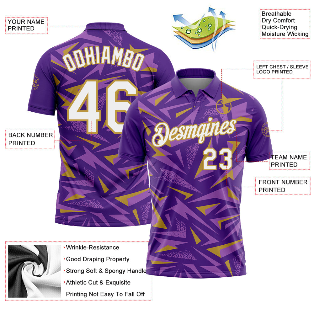 Custom Purple White Medium Purple-Old Gold Cyber Mecha E-sport Geometric Shards Spike Performance Polo Shirt view 3