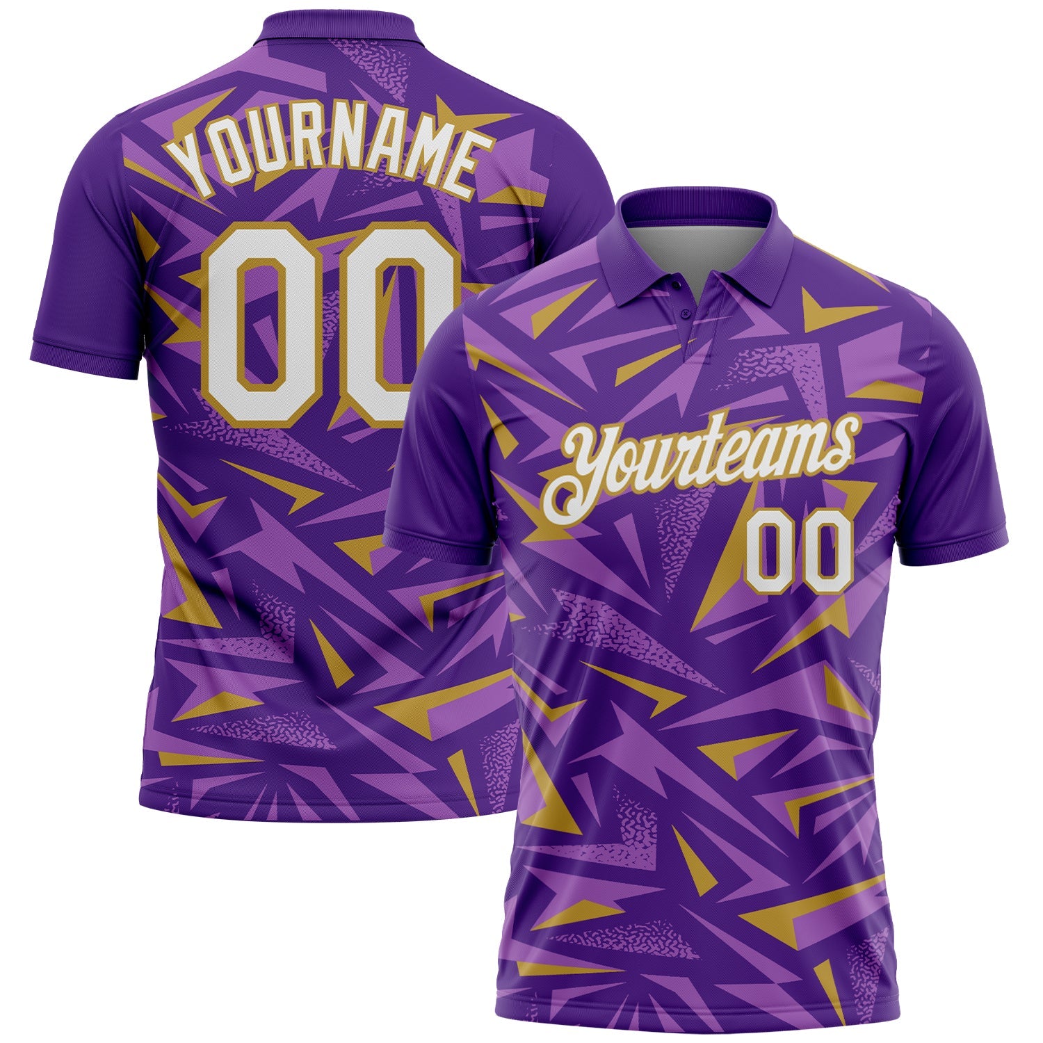 Custom Purple White Medium Purple-Old Gold Cyber Mecha E-sport Geometric Shards Spike Performance Polo Shirt - Main View