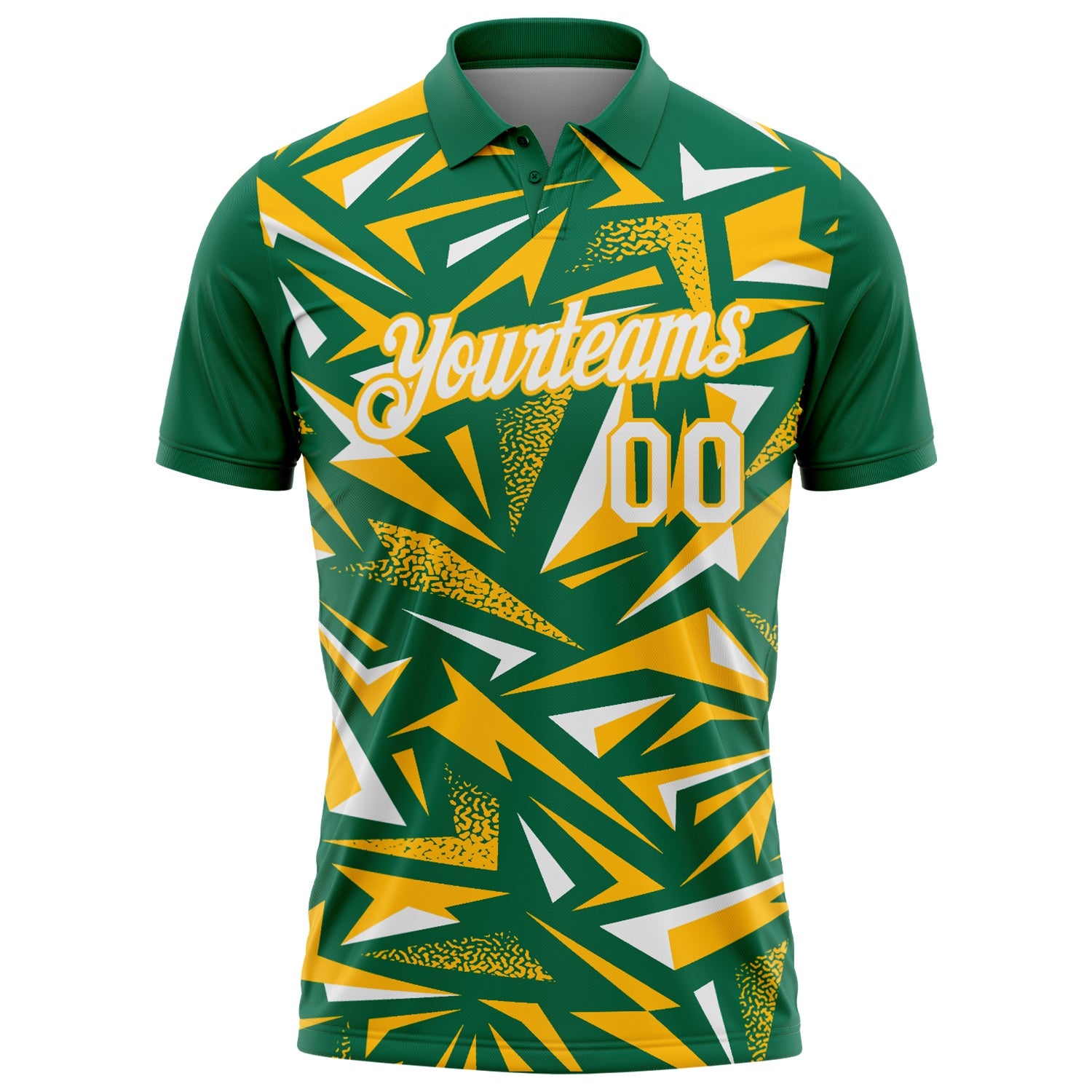 Custom Kelly Green White-Gold Cyber Mecha E-sport Geometric Shards Spike Performance Polo Shirt view 2