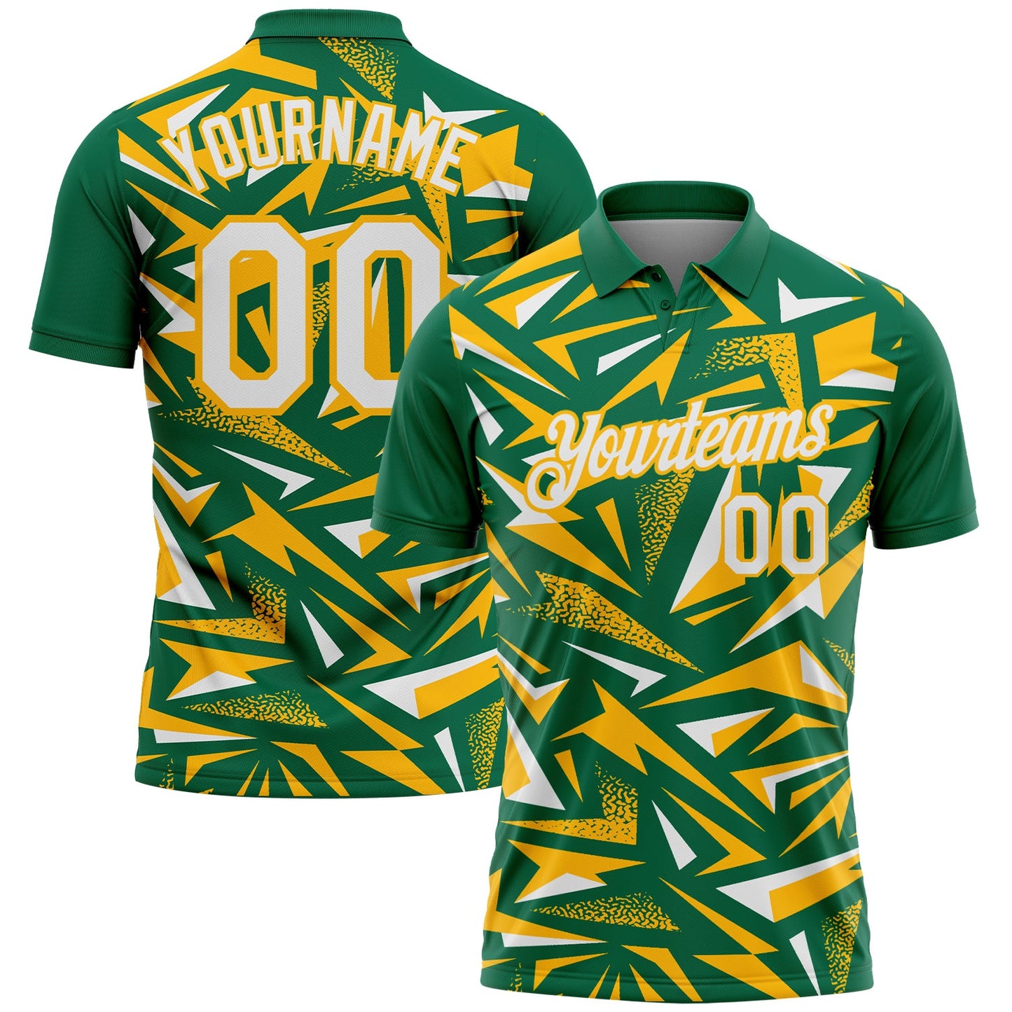 Custom Kelly Green White-Gold Cyber Mecha E-sport Geometric Shards Spike Performance Polo Shirt - Main View