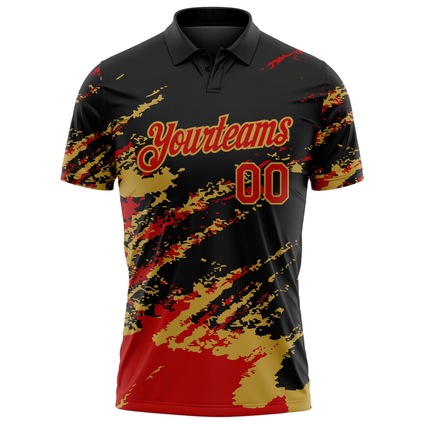 Custom Black Red-Old Gold Brush Stroke Shatter Splatter Performance Polo Shirt view 2
