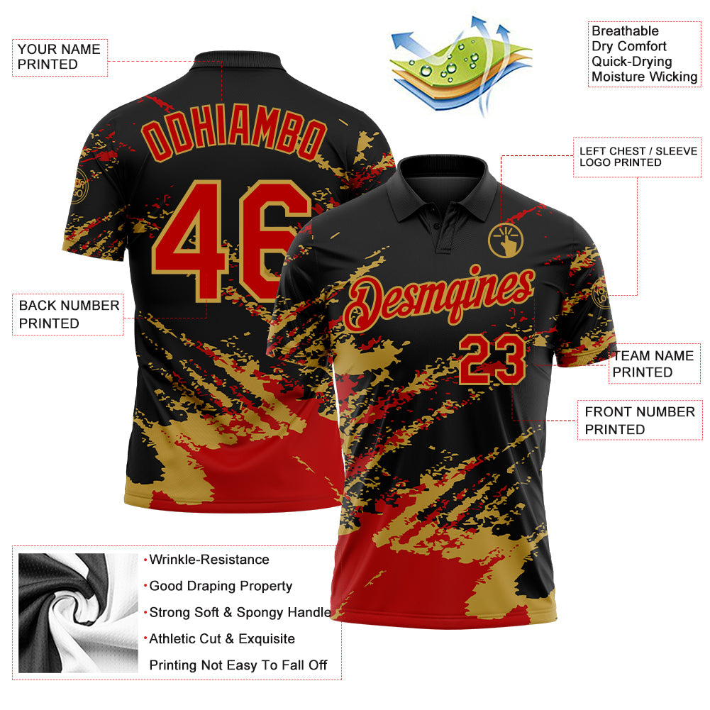 Custom Black Red-Old Gold Brush Stroke Shatter Splatter Performance Polo Shirt view 3