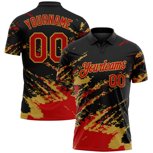 Custom Black Red-Old Gold Brush Stroke Shatter Splatter Performance Polo Shirt - Main View