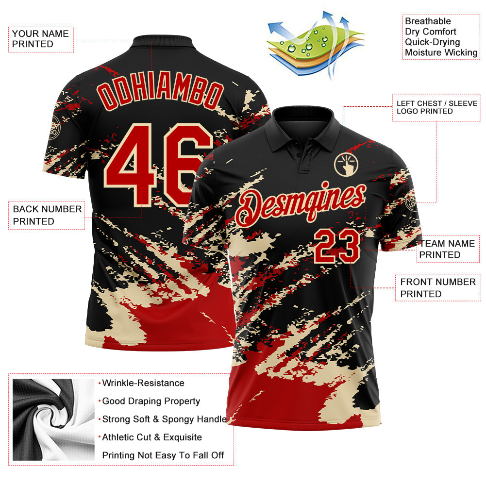 Custom Black Red-Cream Brush Stroke Shatter Splatter Performance Polo Shirt view 3