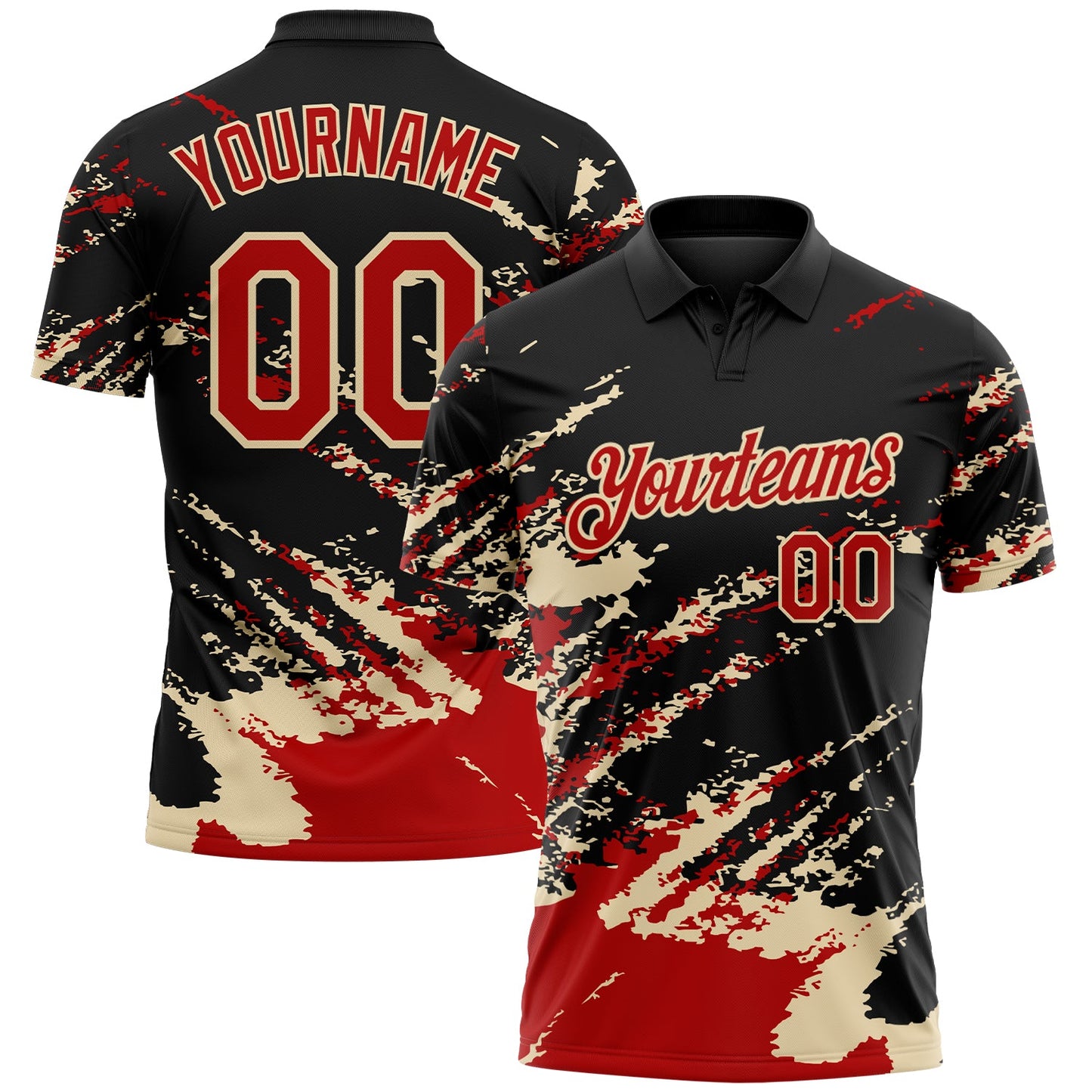 Custom Black Red-Cream Brush Stroke Shatter Splatter Performance Polo Shirt - Main View