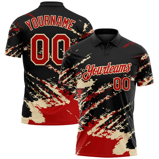 Custom Black Red-Cream Brush Stroke Shatter Splatter Performance Polo Shirt - Main View