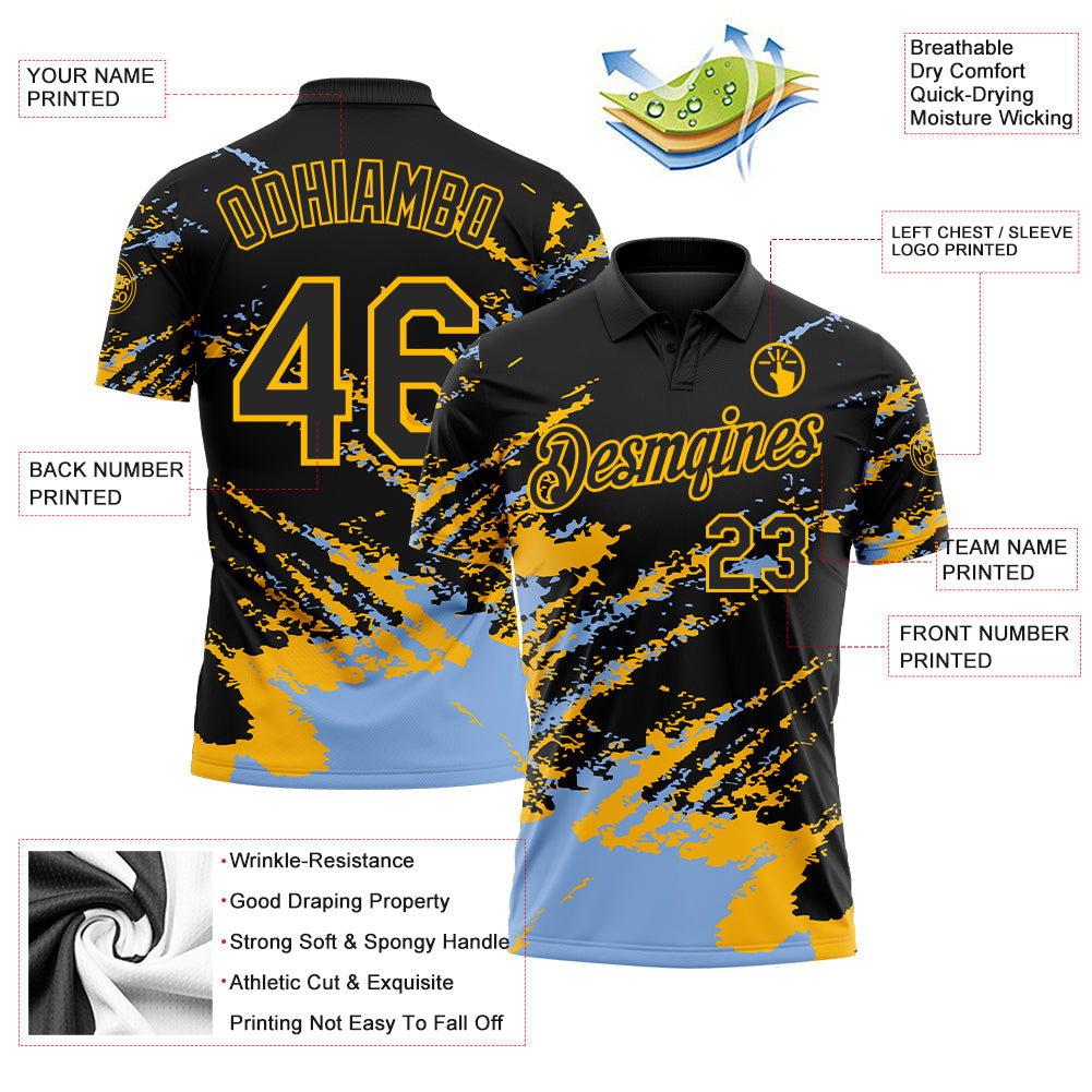 Custom Black Light Blue-Gold Brush Stroke Shatter Splatter Performance Polo Shirt view 3