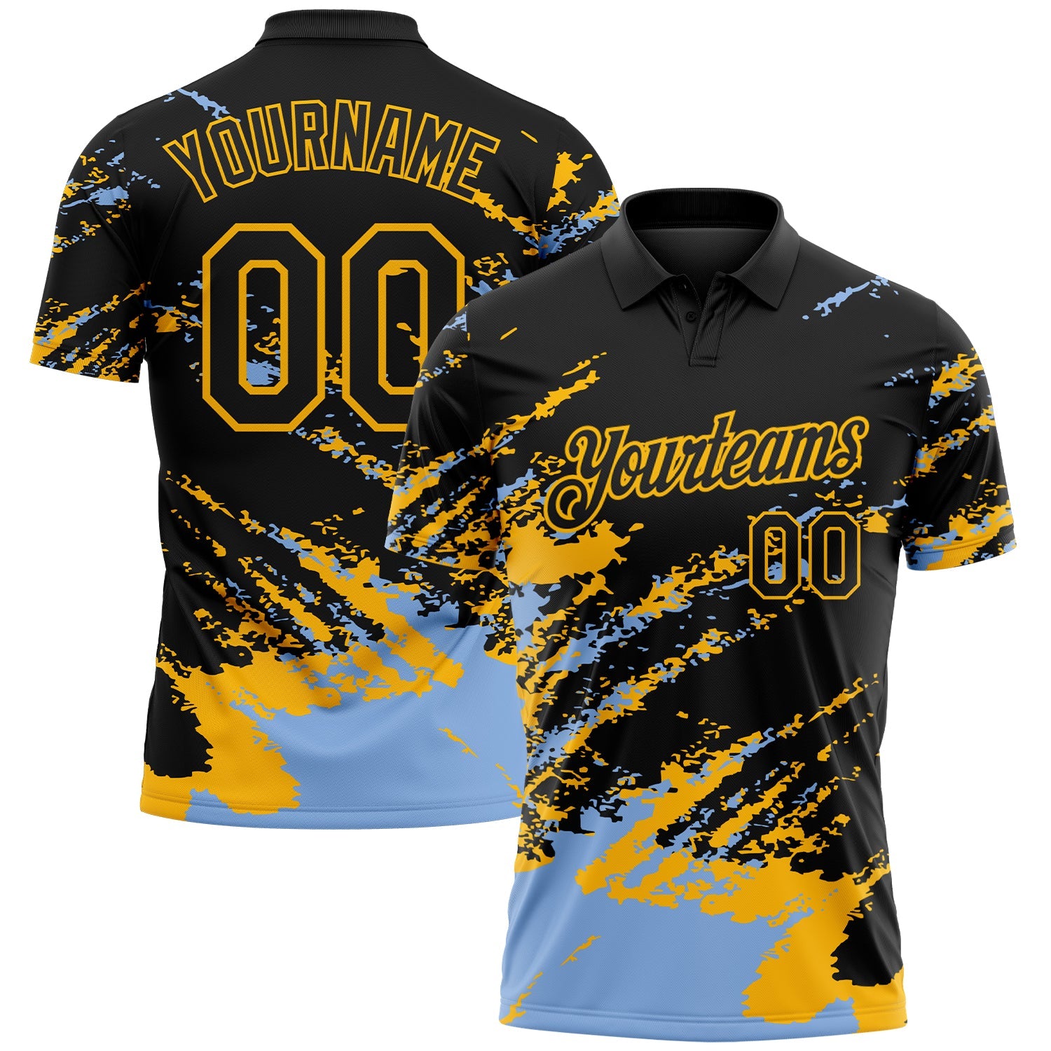 Custom Black Light Blue-Gold Brush Stroke Shatter Splatter Performance Polo Shirt - Main View
