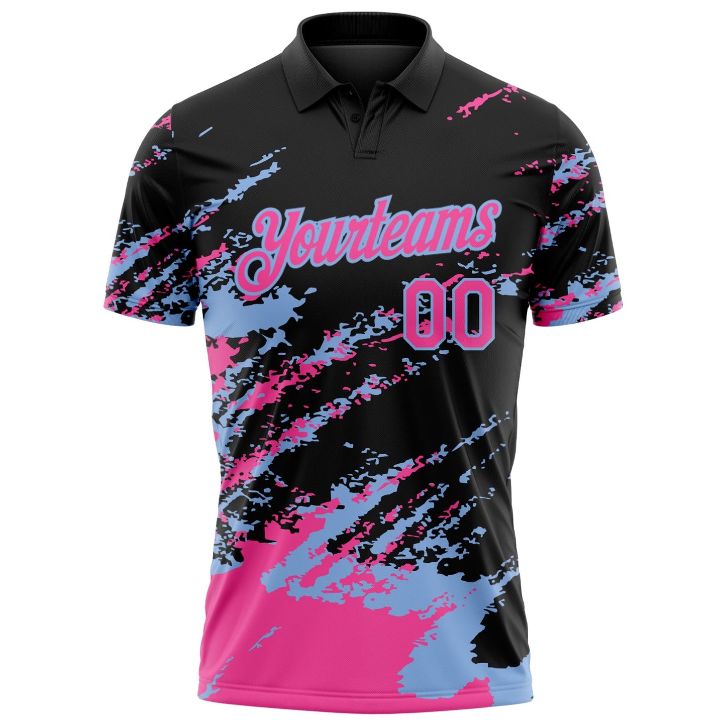 Custom Black Pink-Light Blue Brush Stroke Shatter Splatter Performance Polo Shirt view 2