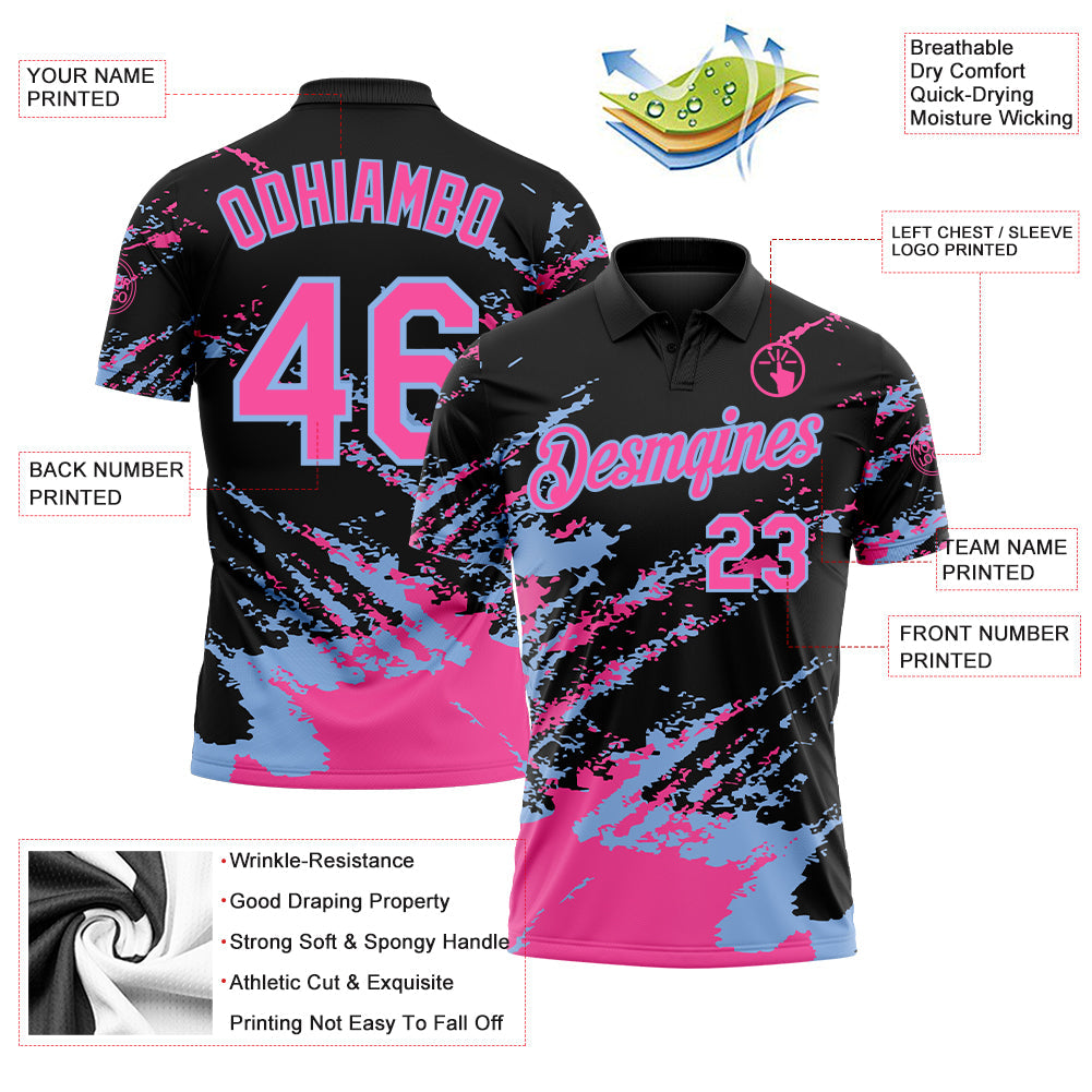 Custom Black Pink-Light Blue Brush Stroke Shatter Splatter Performance Polo Shirt view 3
