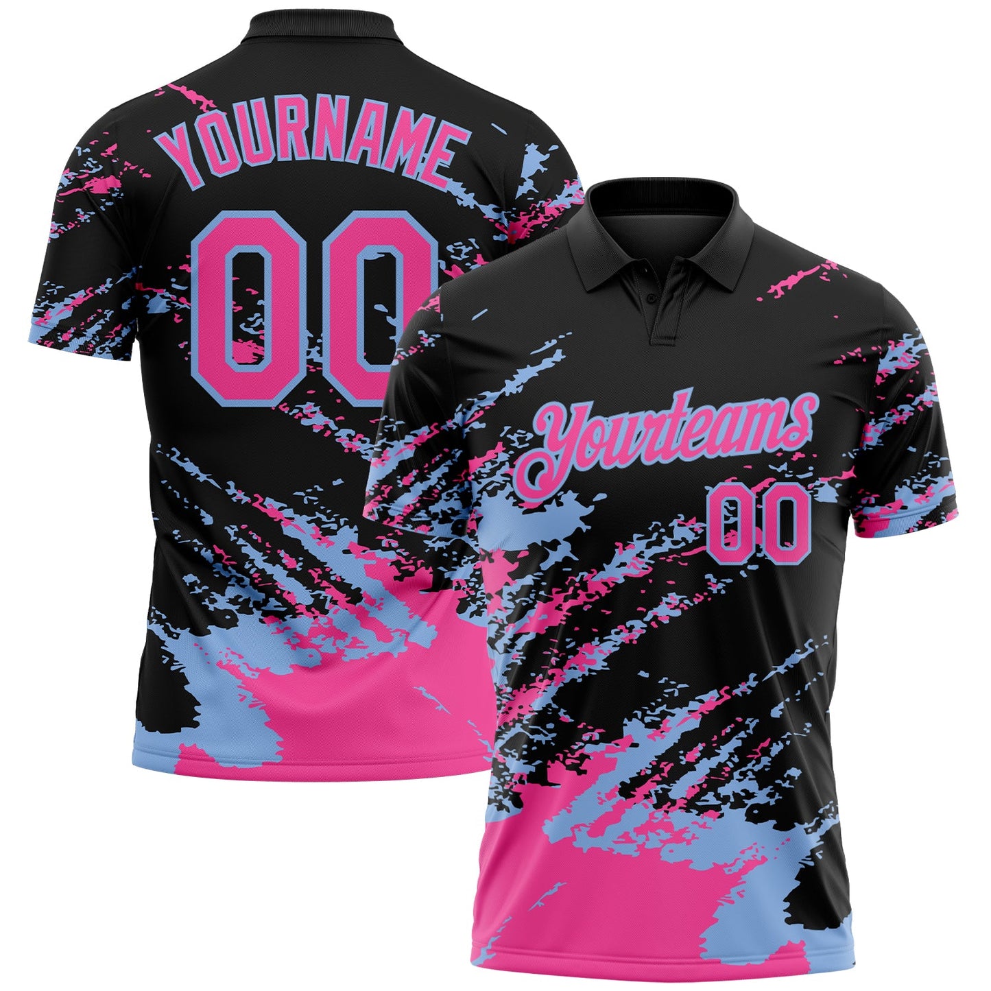Custom Black Pink-Light Blue Brush Stroke Shatter Splatter Performance Polo Shirt - Main View