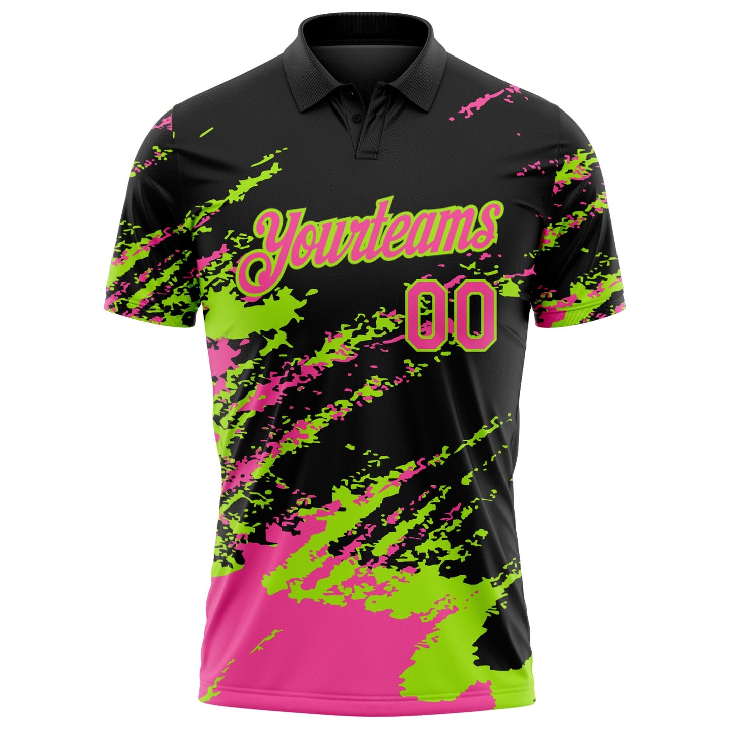 Custom Black Pink-Neon Green Brush Stroke Shatter Splatter Performance Polo Shirt view 2