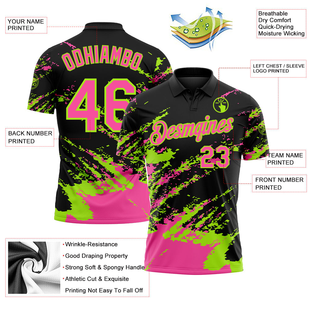 Custom Black Pink-Neon Green Brush Stroke Shatter Splatter Performance Polo Shirt view 3