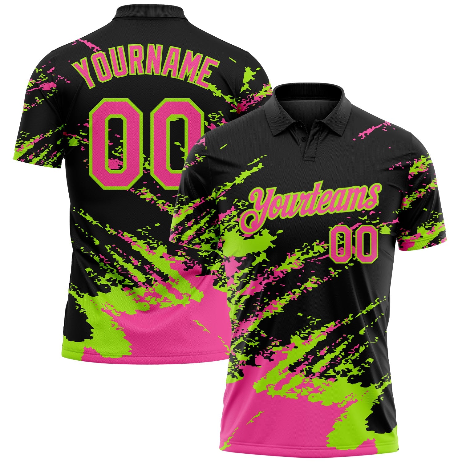 Custom Black Pink-Neon Green Brush Stroke Shatter Splatter Performance Polo Shirt - Main View