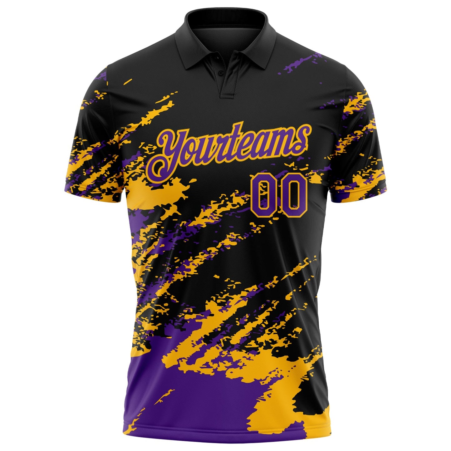 Custom Black Purple-Gold Brush Stroke Shatter Splatter Performance Polo Shirt view 2
