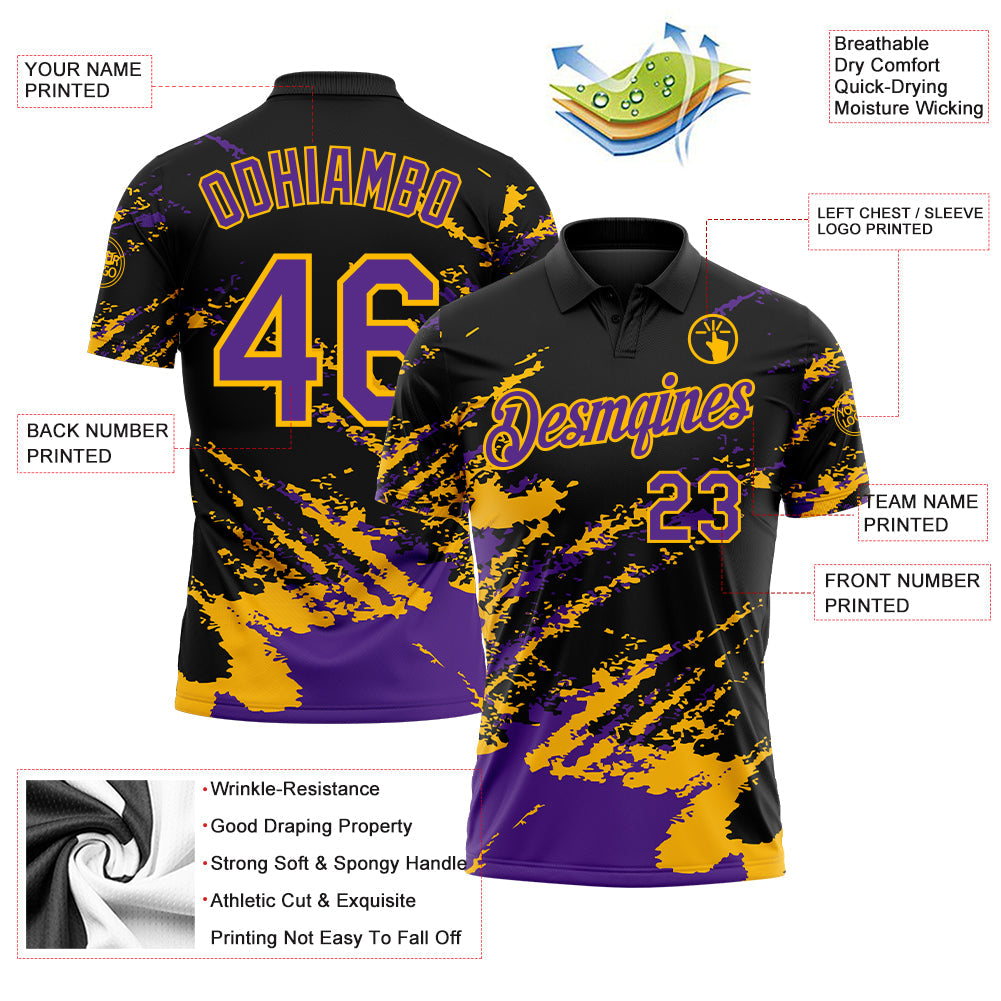 Custom Black Purple-Gold Brush Stroke Shatter Splatter Performance Polo Shirt view 3