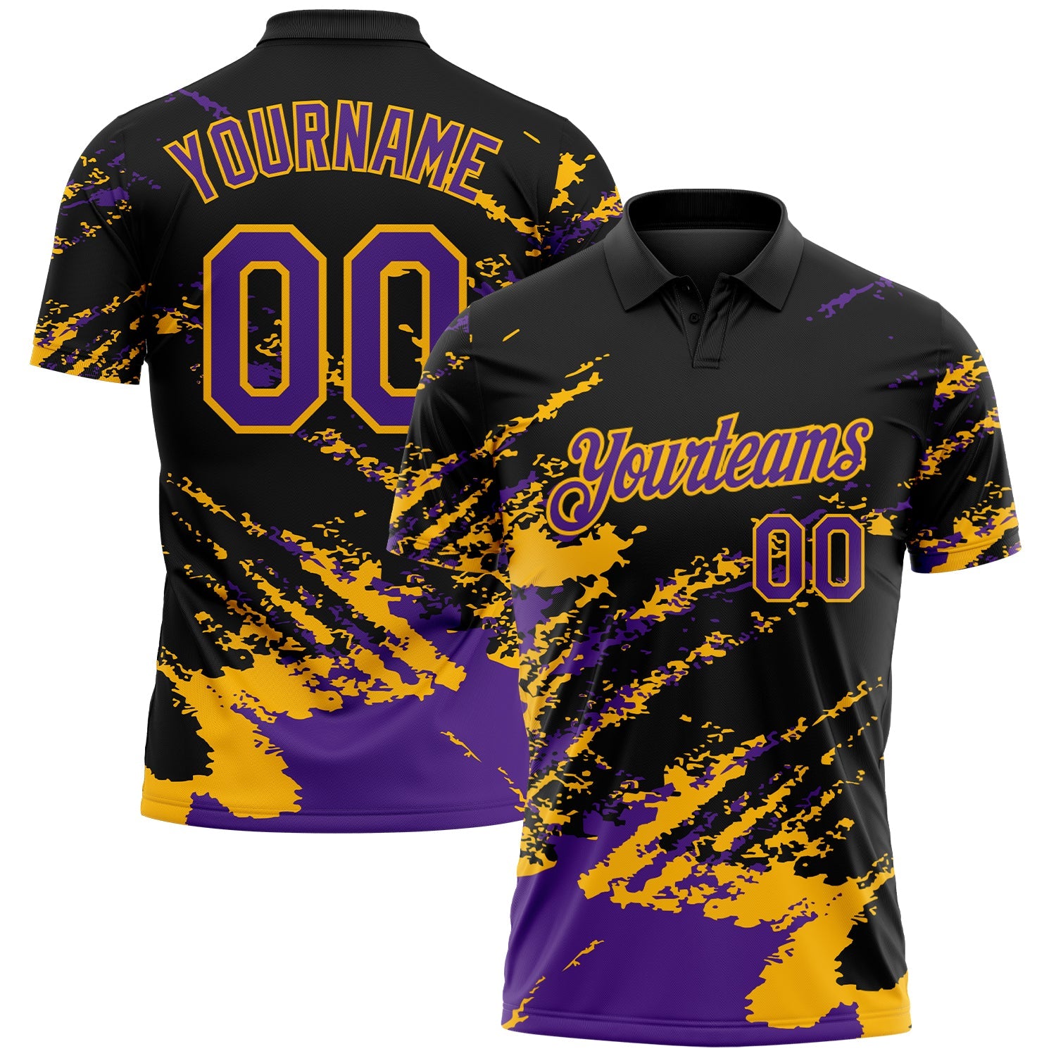 Custom Black Purple-Gold Brush Stroke Shatter Splatter Performance Polo Shirt - Main View