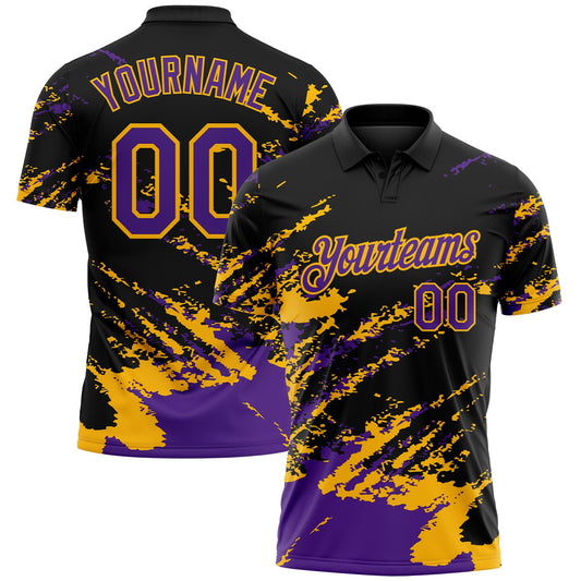 Custom Black Purple-Gold Brush Stroke Shatter Splatter Performance Polo Shirt - Main View