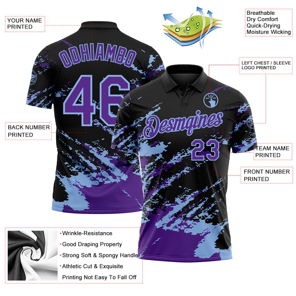 Custom Black Purple-Light Blue Brush Stroke Shatter Splatter Performance Polo Shirt view 3
