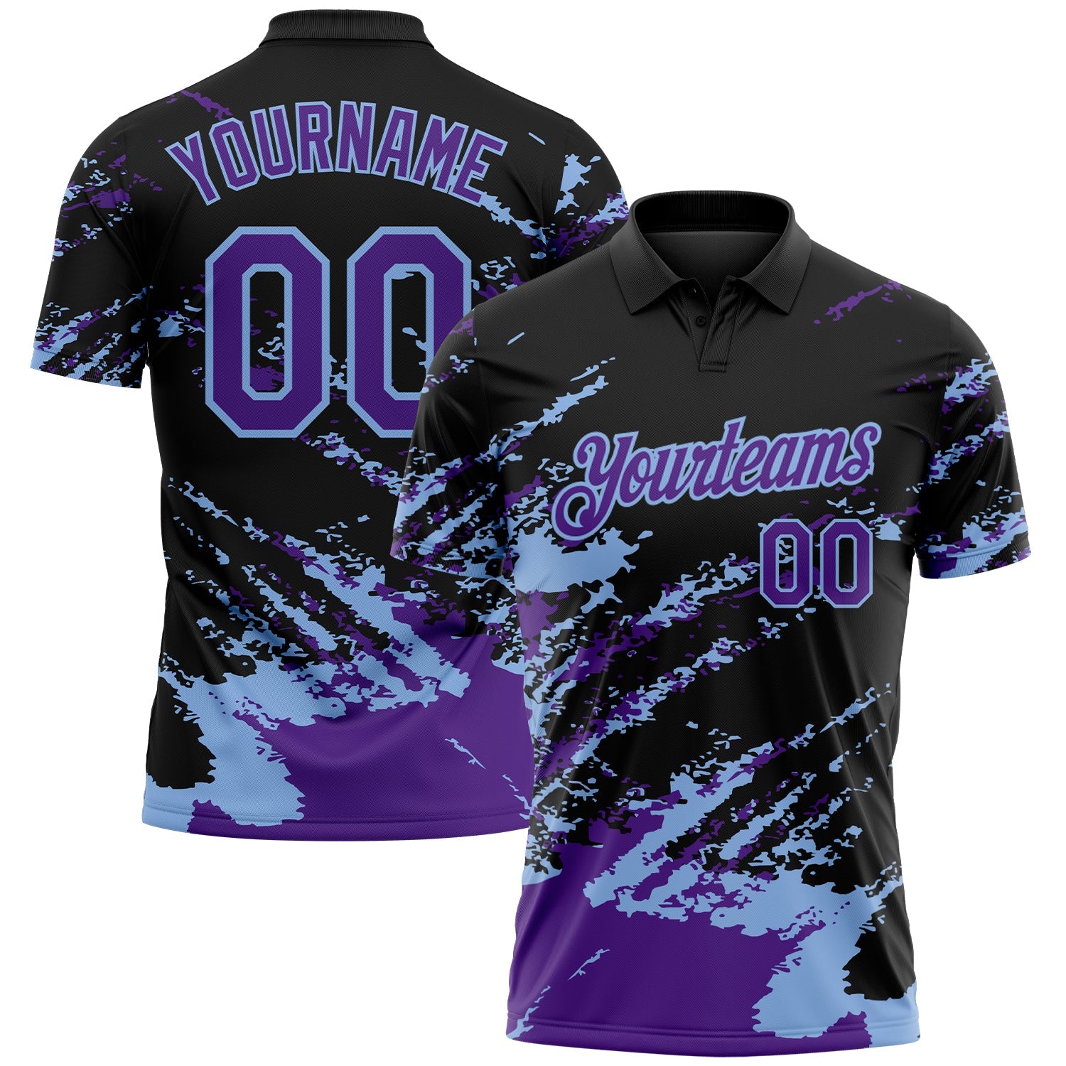 Custom Black Purple-Light Blue Brush Stroke Shatter Splatter Performance Polo Shirt - Main View