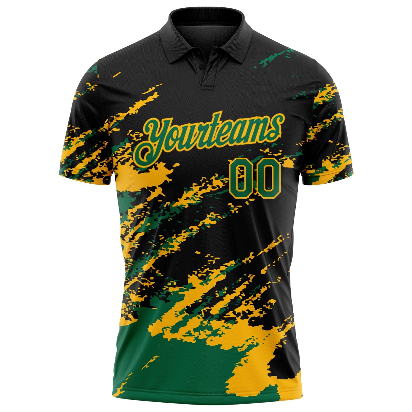 Custom Black Kelly Green-Gold Brush Stroke Shatter Splatter Performance Polo Shirt view 2