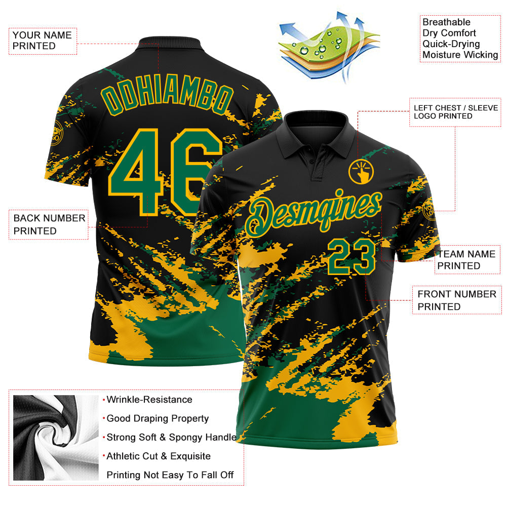 Custom Black Kelly Green-Gold Brush Stroke Shatter Splatter Performance Polo Shirt view 3