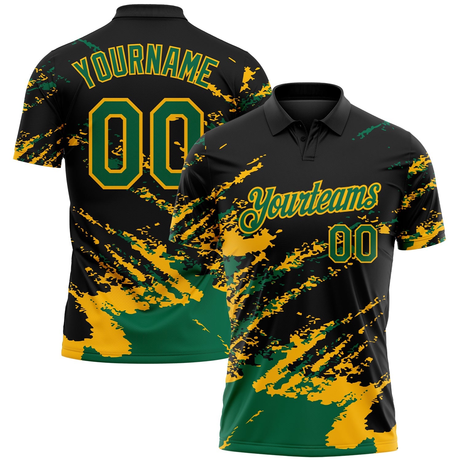 Custom Black Kelly Green-Gold Brush Stroke Shatter Splatter Performance Polo Shirt - Main View