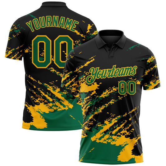 Custom Black Kelly Green-Gold Brush Stroke Shatter Splatter Performance Polo Shirt - Main View