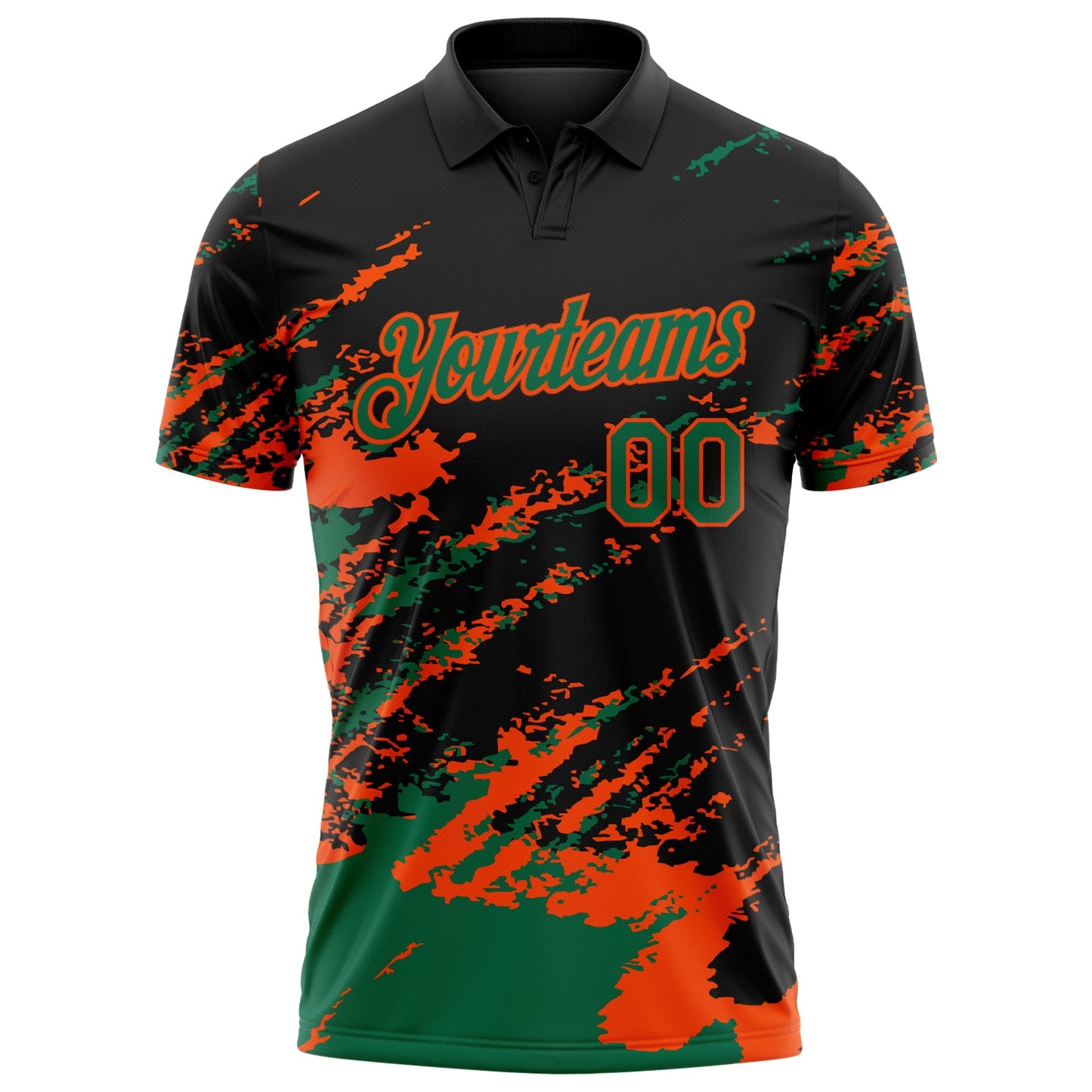Custom Black Kelly Green-Orange Brush Stroke Shatter Splatter Performance Polo Shirt view 2