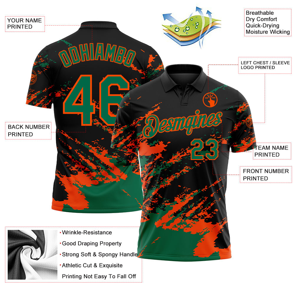 Custom Black Kelly Green-Orange Brush Stroke Shatter Splatter Performance Polo Shirt view 3