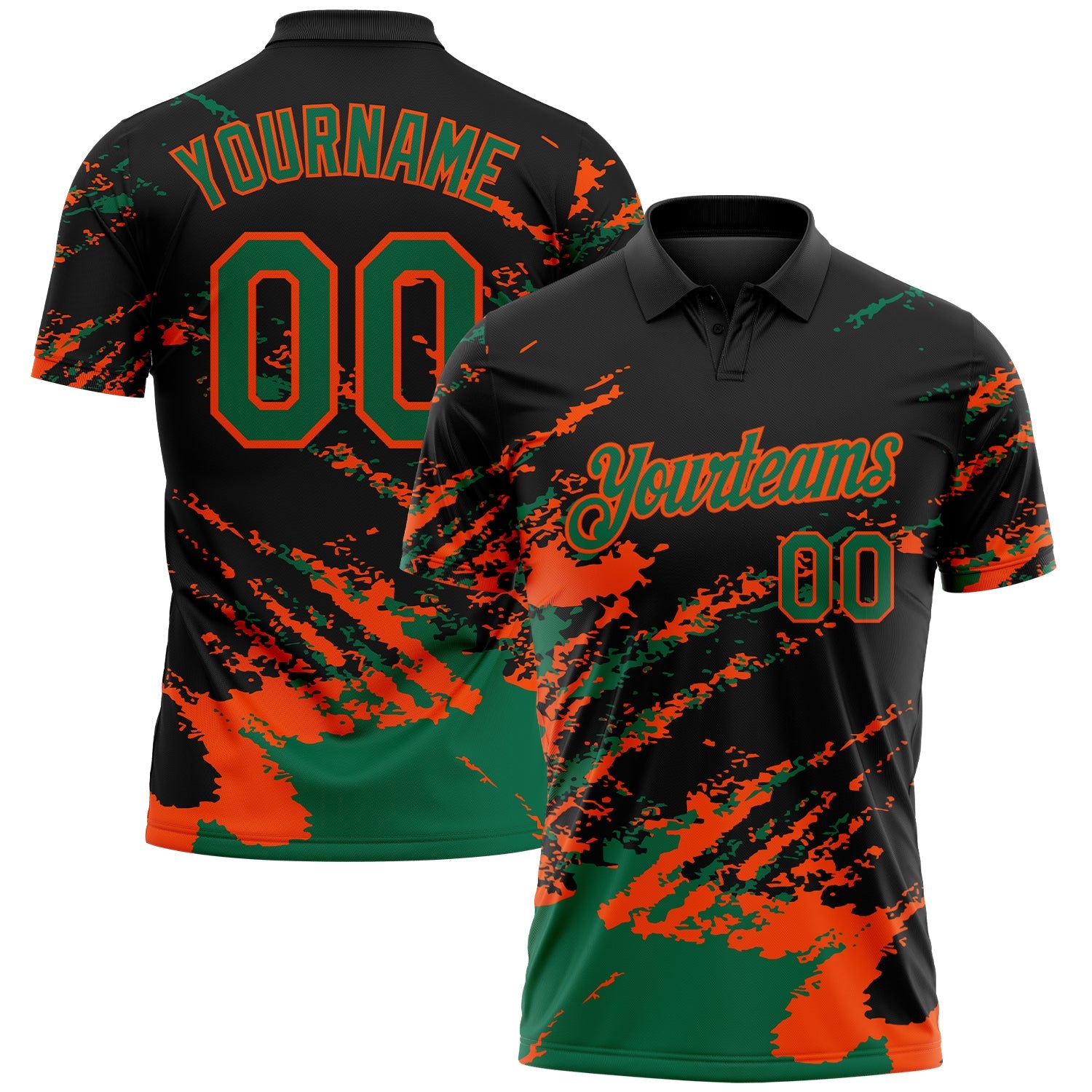 Custom Black Kelly Green-Orange Brush Stroke Shatter Splatter Performance Polo Shirt - Main View