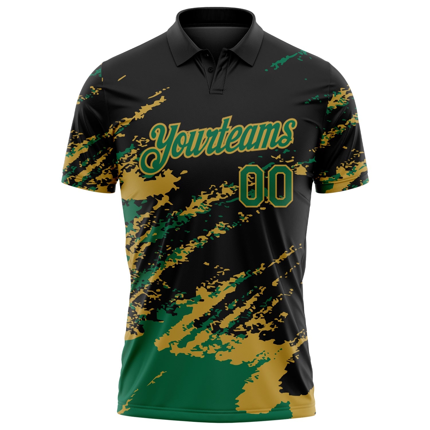 Custom Black Kelly Green-Old Gold Brush Stroke Shatter Splatter Performance Polo Shirt view 2