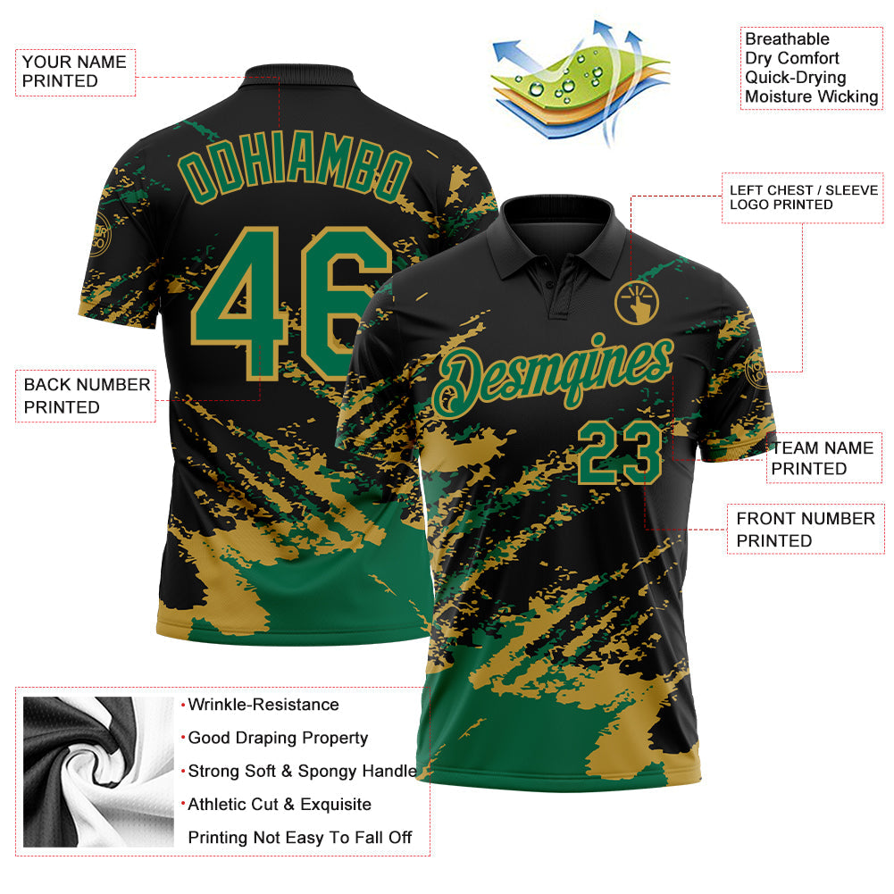 Custom Black Kelly Green-Old Gold Brush Stroke Shatter Splatter Performance Polo Shirt view 3