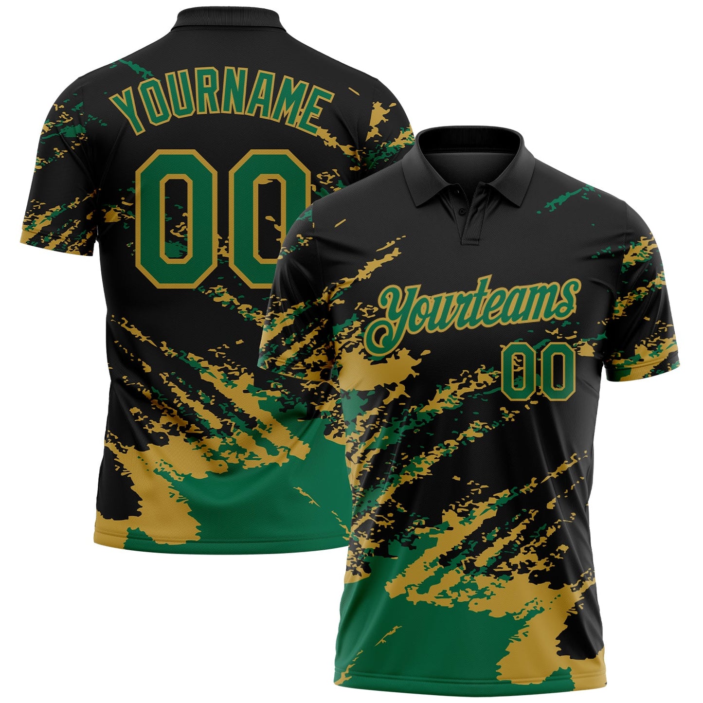 Custom Black Kelly Green-Old Gold Brush Stroke Shatter Splatter Performance Polo Shirt - Main View