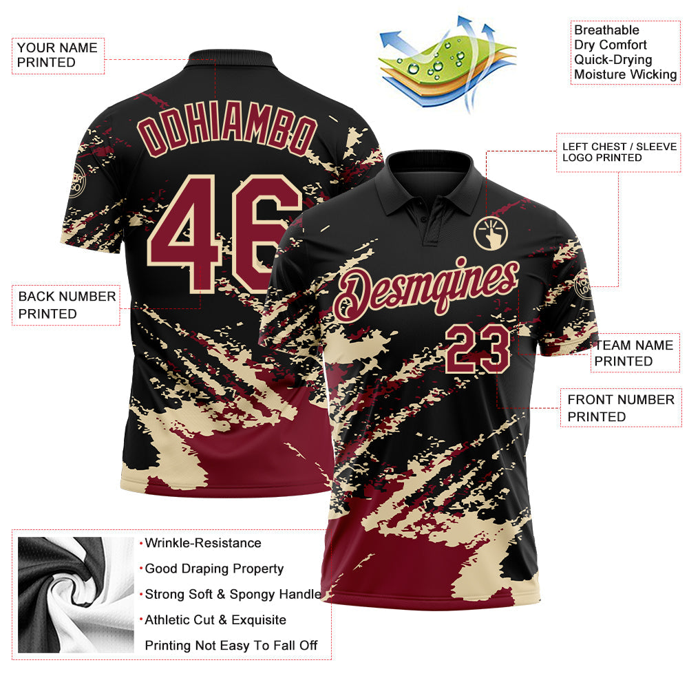 Custom Black Crimson-Cream Brush Stroke Shatter Splatter Performance Polo Shirt view 3