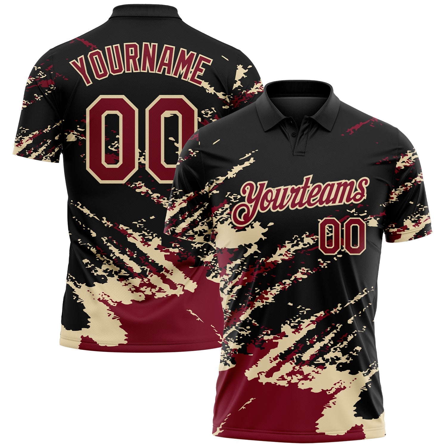 Custom Black Crimson-Cream Brush Stroke Shatter Splatter Performance Polo Shirt - Main View