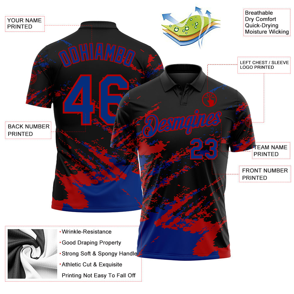 Custom Black Royal-Red Brush Stroke Shatter Splatter Performance Polo Shirt view 3