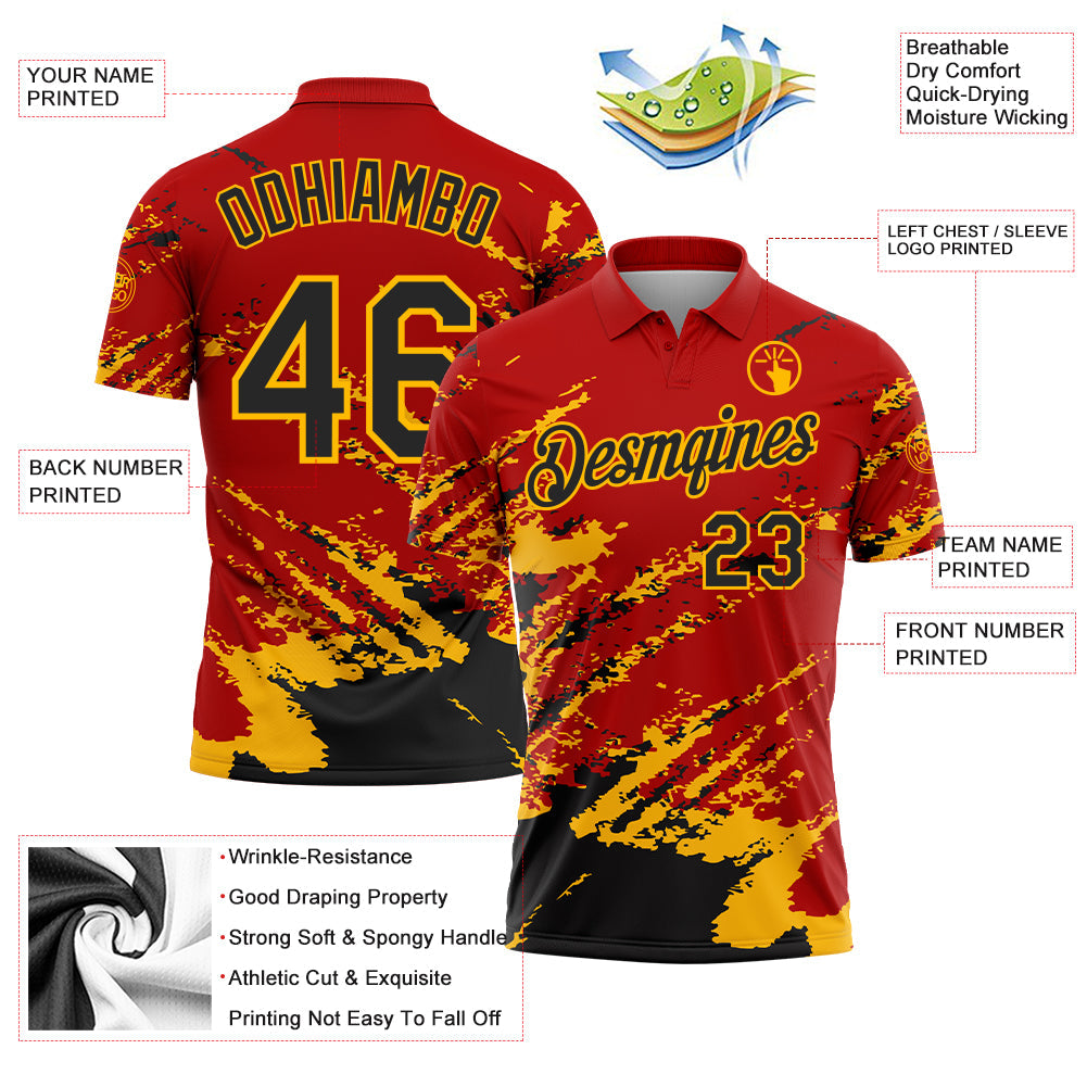 Custom Red Black-Gold Brush Stroke Shatter Splatter Performance Polo Shirt view 3