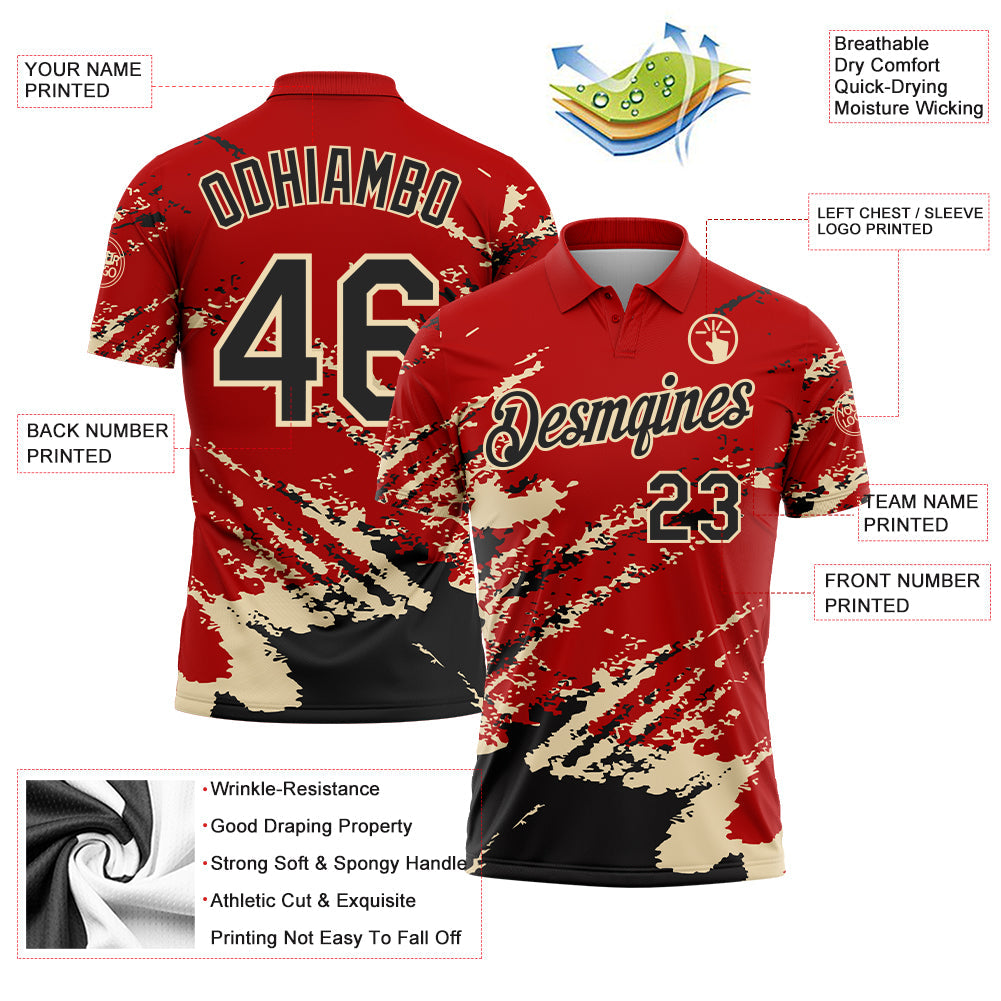 Custom Red Black-Cream Brush Stroke Shatter Splatter Performance Polo Shirt view 3