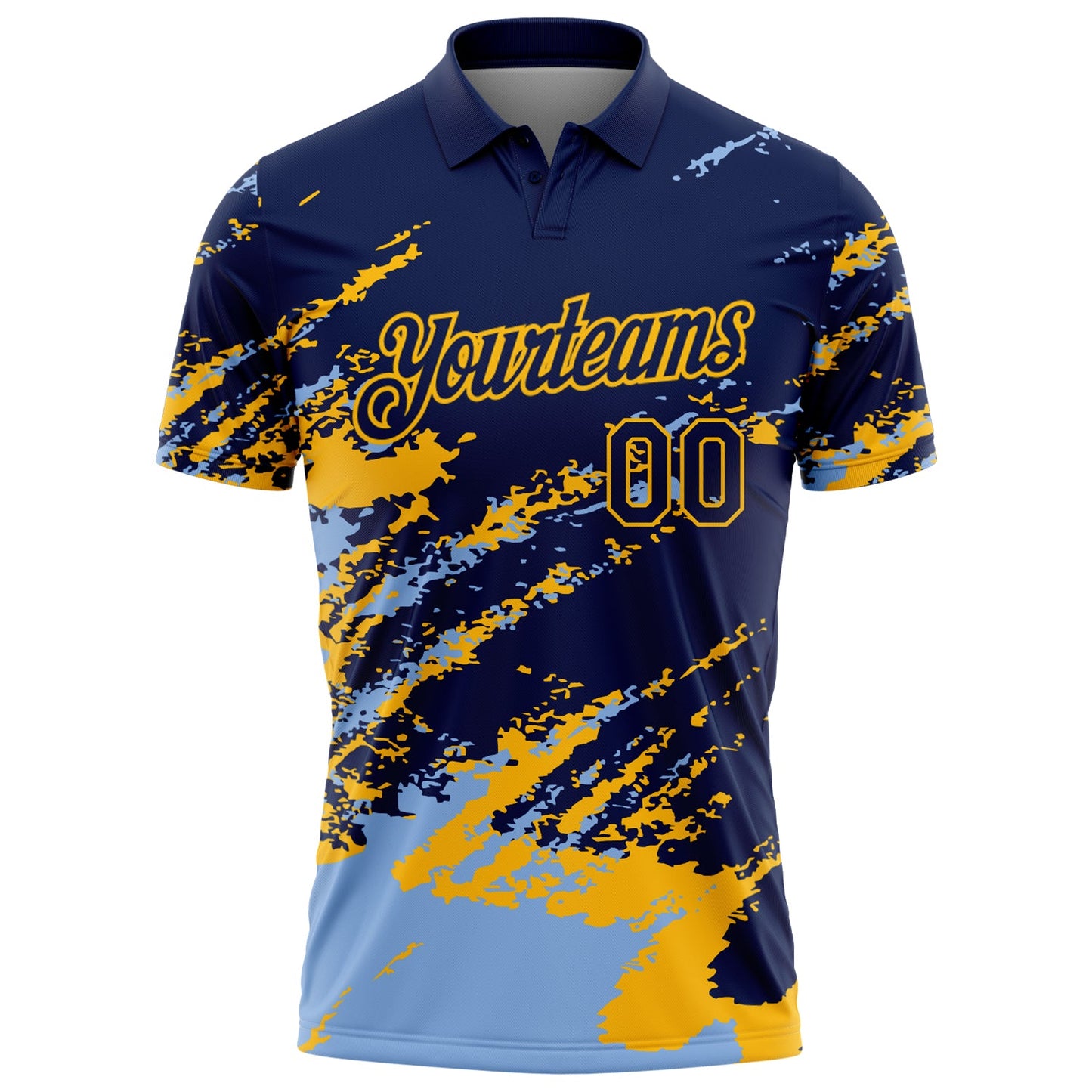 Custom Navy Light Blue-Gold Brush Stroke Shatter Splatter Performance Polo Shirt view 2
